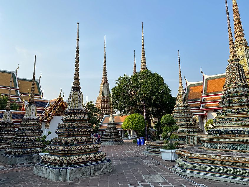 The intricate pagodas at Wat Pho in Bangkok, Thailand.