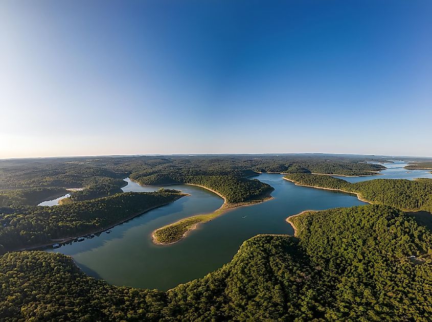 Aerial view of Norfork Lake near Mountain Home, Arkansas.