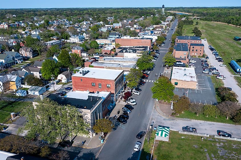 Aerial View of Mason Avenue in the heart of Cape Charles, Virginia