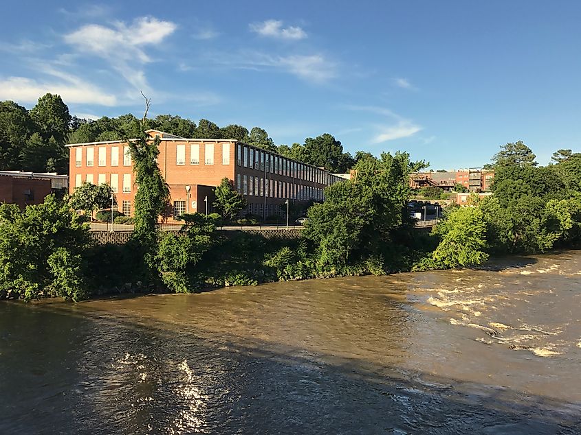 The renovated Saxapahaw Spinning Mill building along the Haw River in Saxapahaw, North Carolina