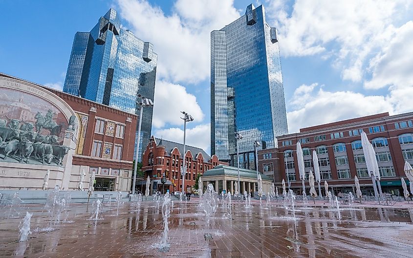 Water fountains in Sundance Square in Fort Worth, Texas 