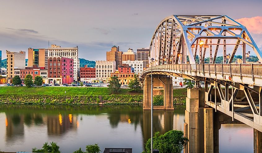 Charleston, West Virginia, US downtown skyline on the river at dusk.