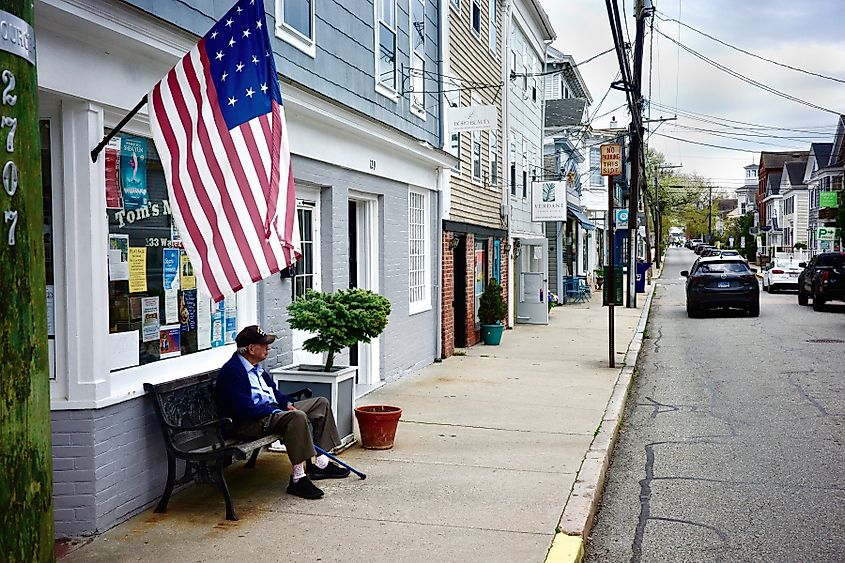 American flag along Main Street in Stonington, Connecticut. Editorial credit: Joe Tabacca / Shutterstock.com.