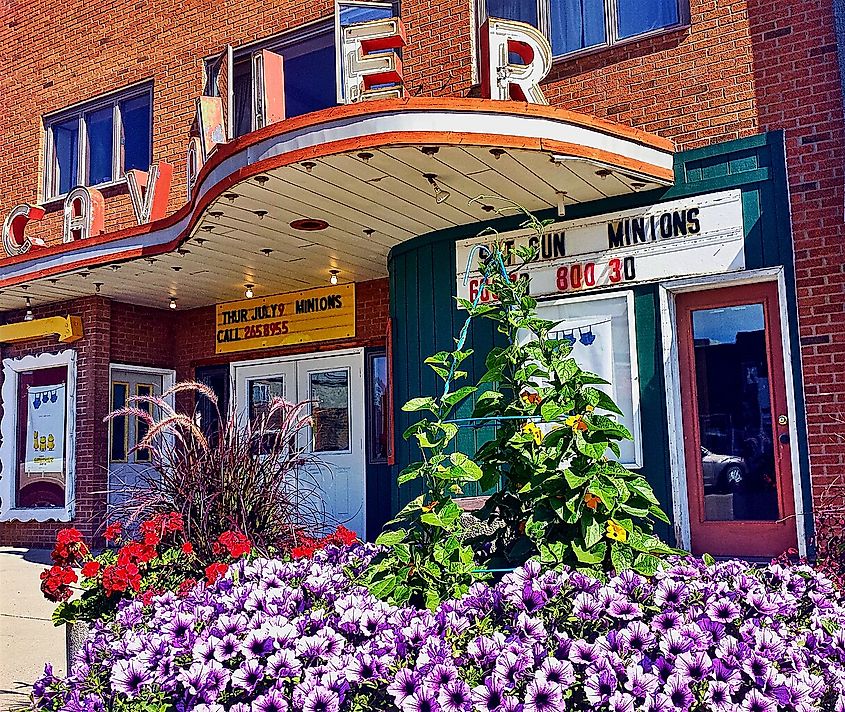 Cavalier Cinema, Cavalier, North Dakota with flowers out front