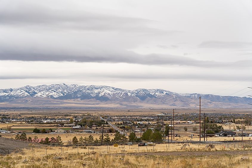 A cloudy and scenic view of the Stansbury Mountain range from Tooele, Utah.