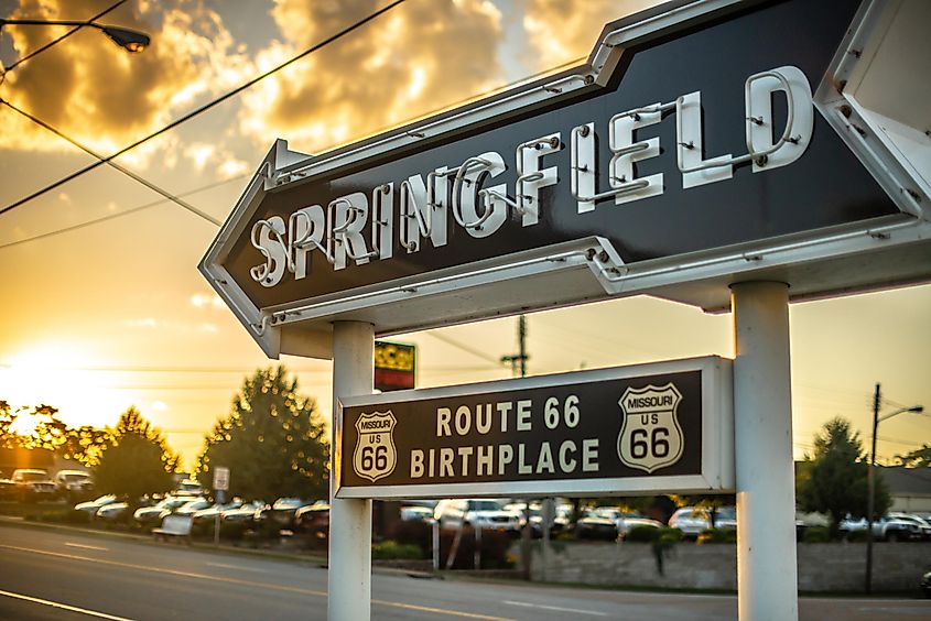 Sunset in the city birthplace of Route 66 in Springfield, Missouri. Editorial credit: FranciscoMarques / Shutterstock.com