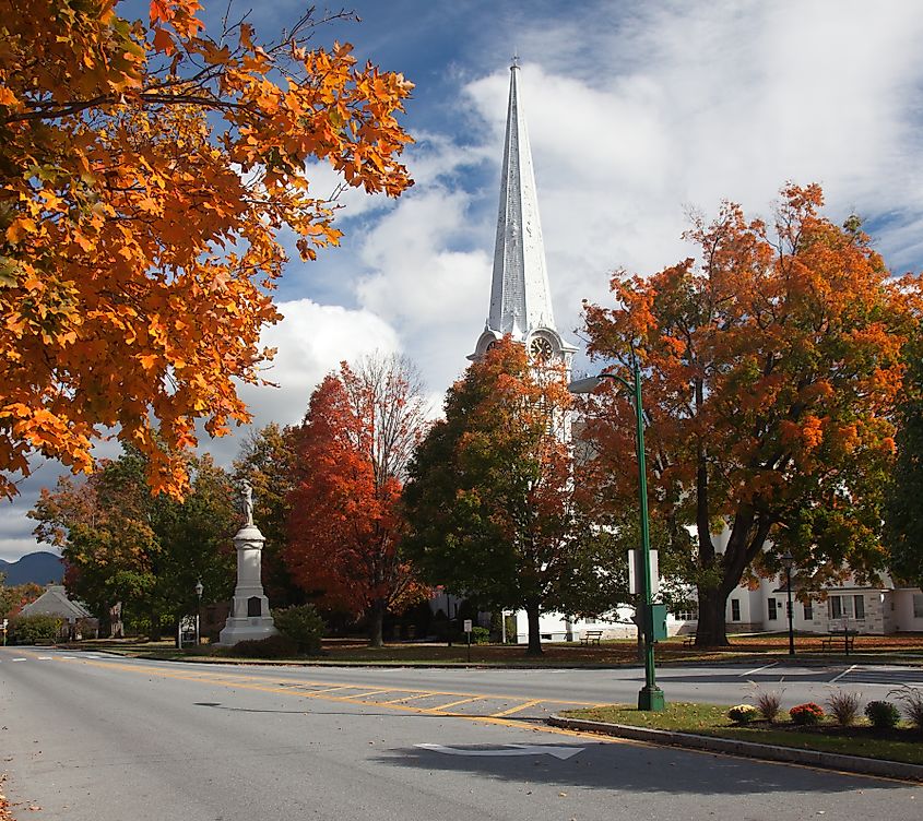 Main Street of Manchester, Vermont, in fall. 