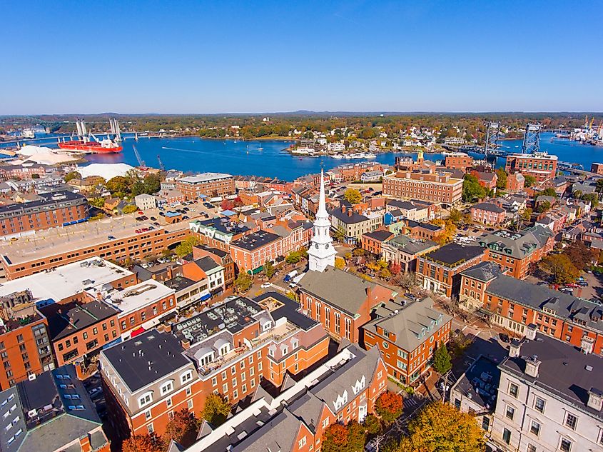 Portsmouth historic downtown aerial view at Market Square with historic buildings and North Church on Congress Street in city of Portsmouth, New Hampshire, USA.
