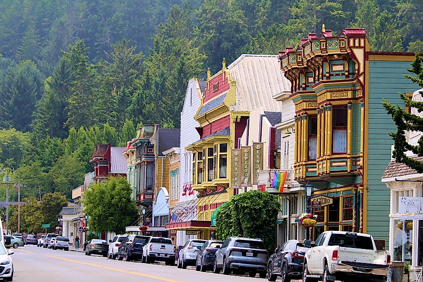 Vintage buildings with stores and restaurants in Ferndale, California, where tourists can shop and dine in these renovated historical buildings on the California coast.