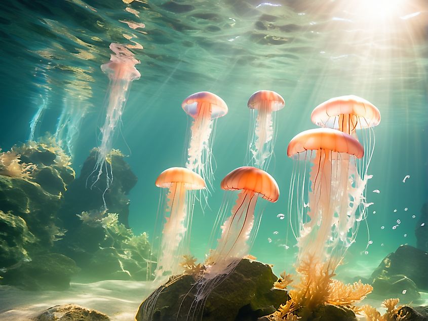 Jellyfish swimming in the ocean with magical ambient light and beautiful rocks at the bottom