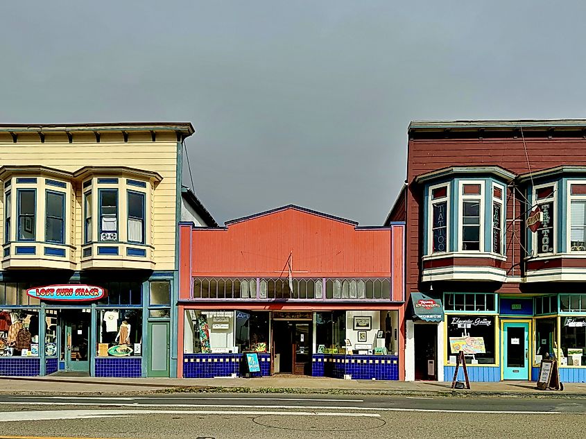 Row of historic storefronts in downtown Fort Bragg