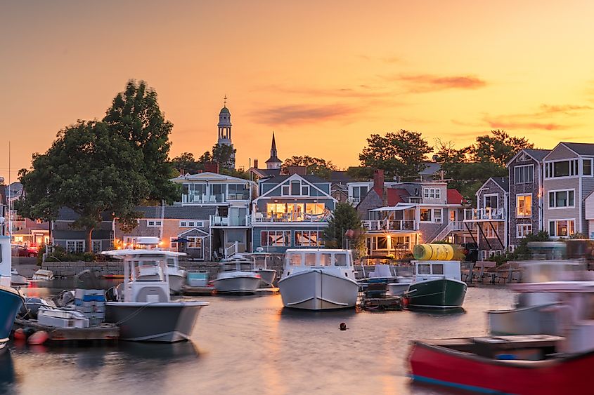 Downtown and harbor view of Rockport, Massachusetts.