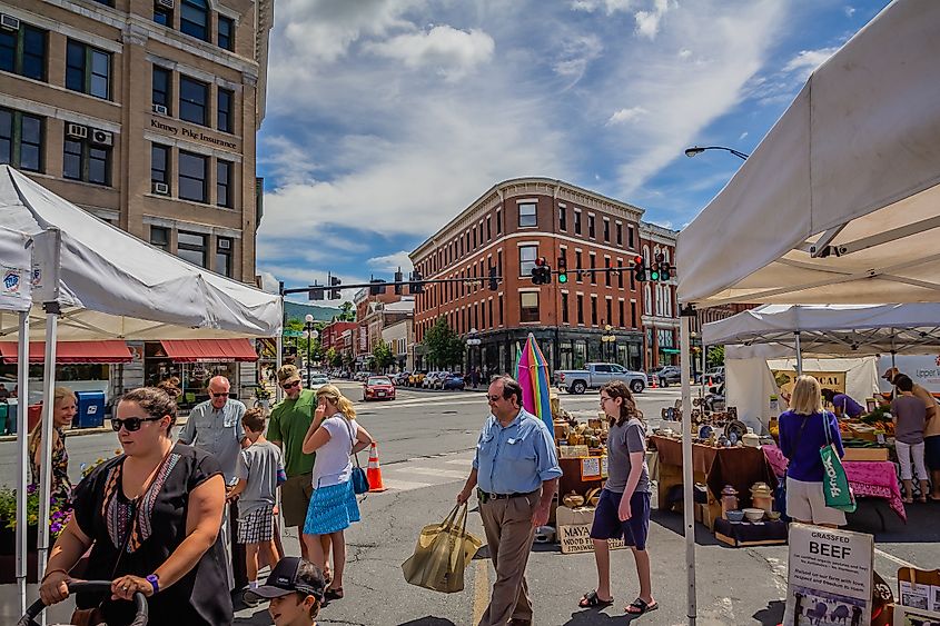 People shopping at a market in Rutland, Vermont.