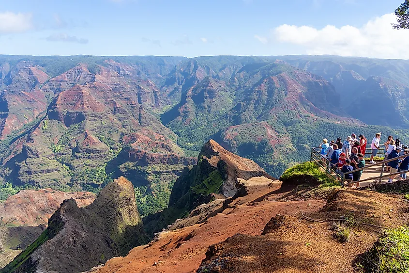 People visiting the Waimea Canyon State Park in Waimea, Hawaii. Editorial credit: JHVEPhoto / Shutterstock.com.