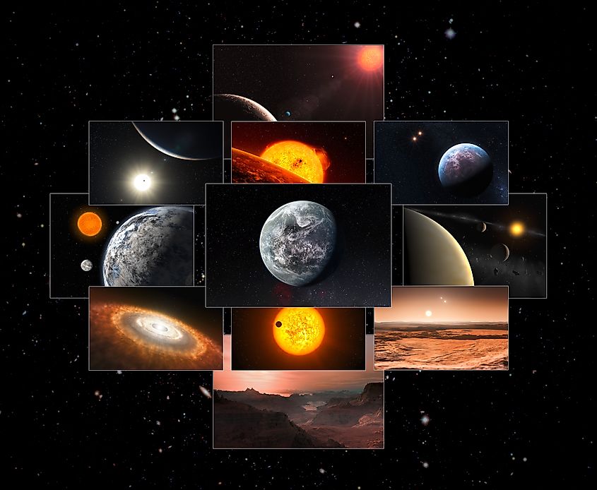 This collage features artist’s impressions of many of the exoplanetary systems found and studied using HARPS. Image Credit ESO via Wikimedia.