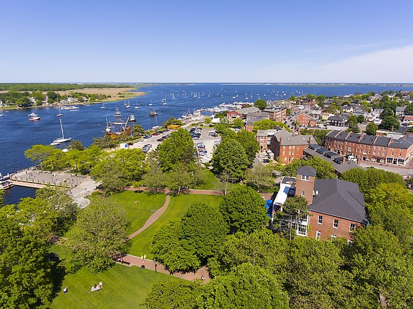 Historic downtown including Merrimack Street and Waterfront Promenade Park with Merrimack River at the background aerial view, Newburyport, Massachusetts, MA, USA.