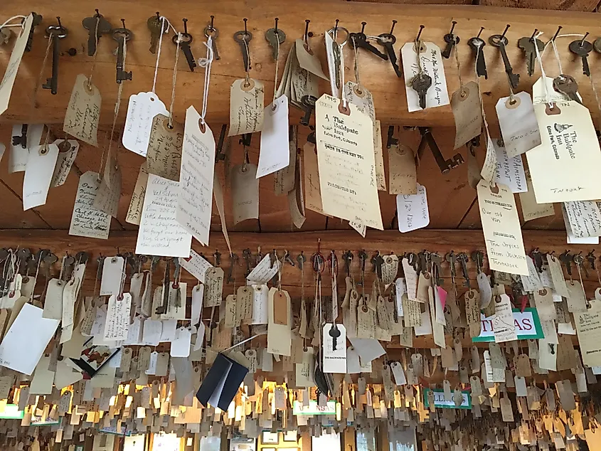 Keys hanging from the ceiling at the Seven Keys Lodge as part of the Baldpate Inn Key Collection