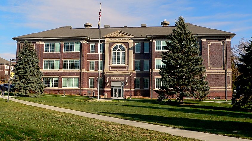 Hahn Administration Building, on the campus of Wayne State College in Wayne, Nebraska.