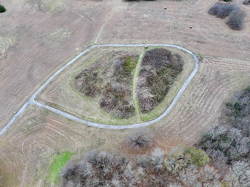 Aerial View of Spiro Mounds on the Arkansas River in Oklahoma.