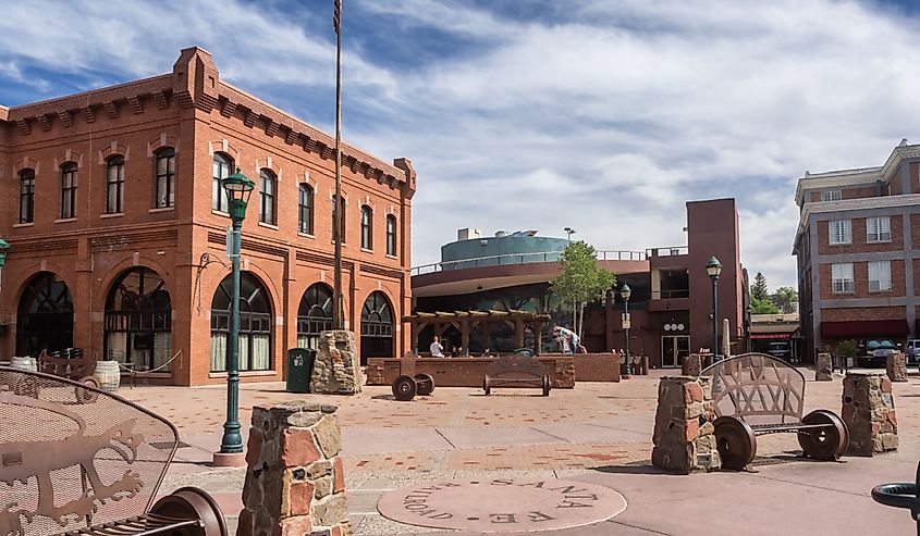 Flagstaff main square with pueblo house in Arizona