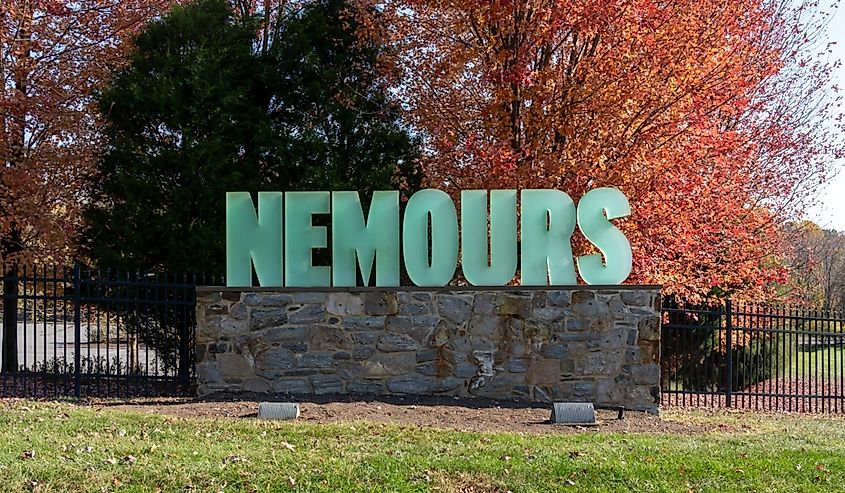 The Nemours Estate is a 200-acre country estate with jardin à la française formal gardens and a French neoclassical mansion