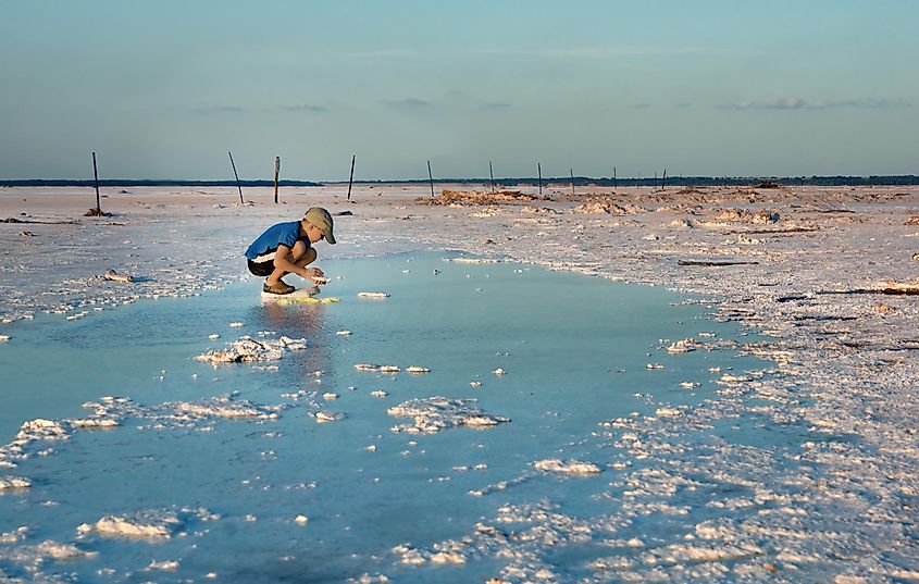 The boy collects salt crystals in salt-saturated water. Salt Plains National Wildlife Refuge, Oklahoma, US.