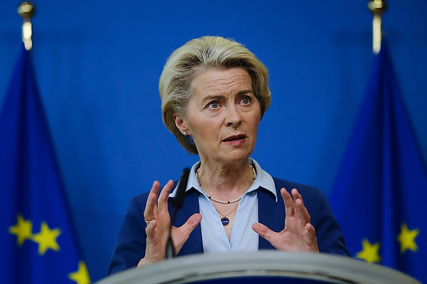 European Commission President Ursula von der Leyen speaks during a press conference at European Union headquarters in Brussels, Belgium.