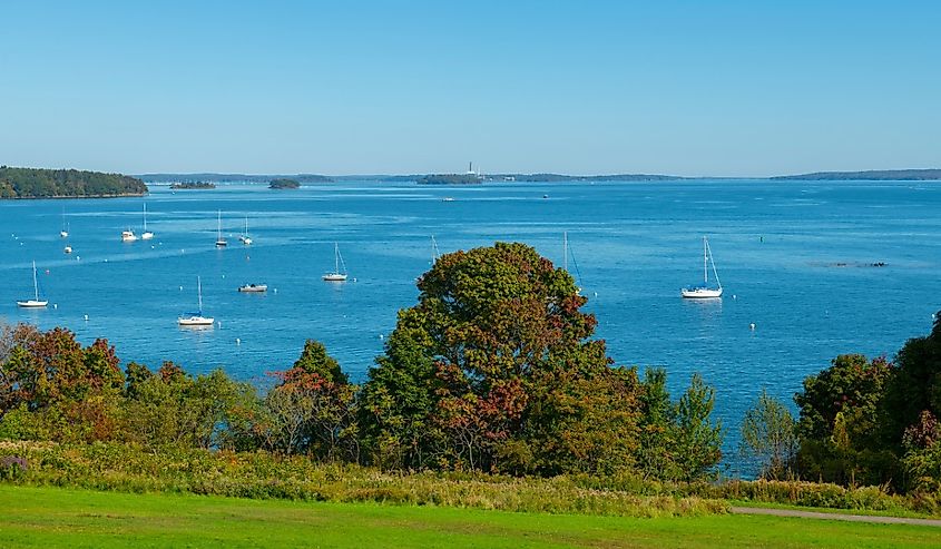 Portland Harbor aerial view from Eastern Promenade in East End, city of Portland, Maine