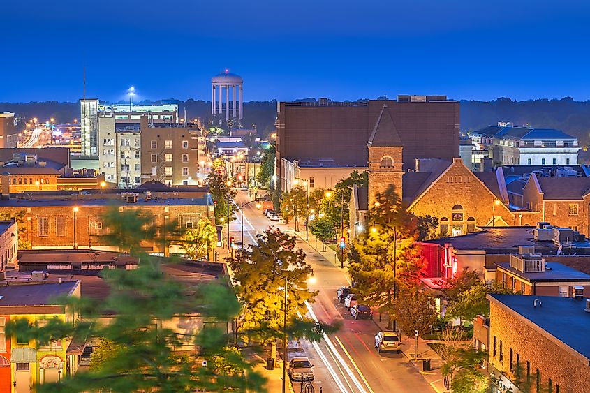 Columbia, Missouri, USA downtown city skyline at twilight.