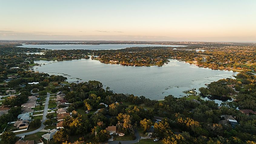 Drone view of the beautiful Crescent lake of the Clermont Chain of Lakes."