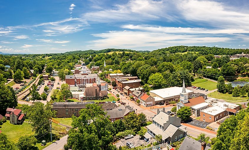 Aerial view of Jonesborough, Tennessee, the state's oldest town, founded in 1779. It once served as the capital for the short-lived 14th state of the U.S., known as the State of Franklin.