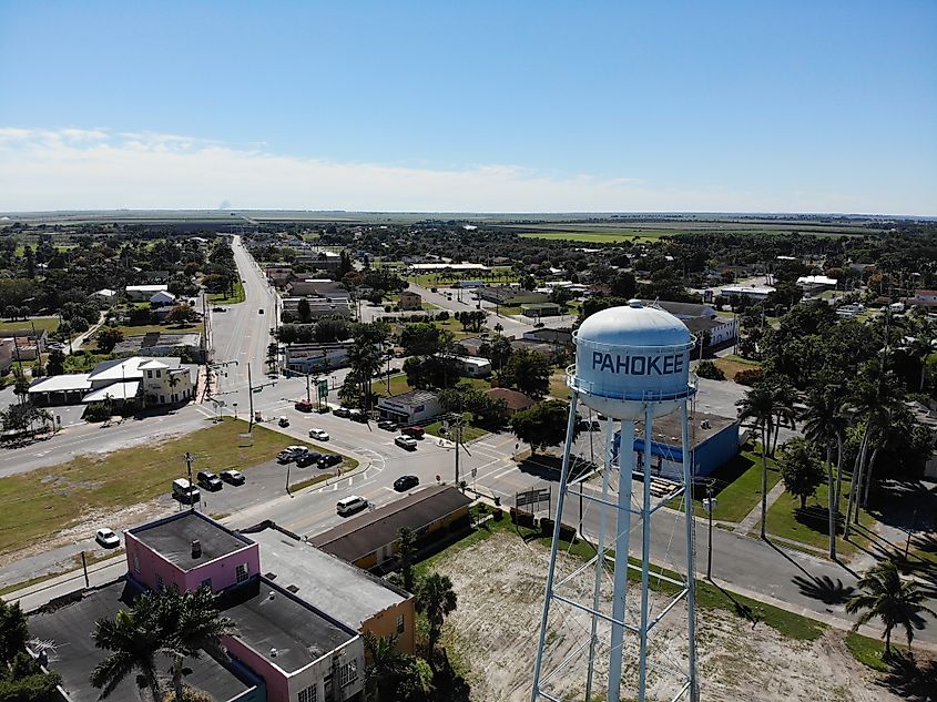 An aerial picture of Pahokee, Florida and it's water tower.