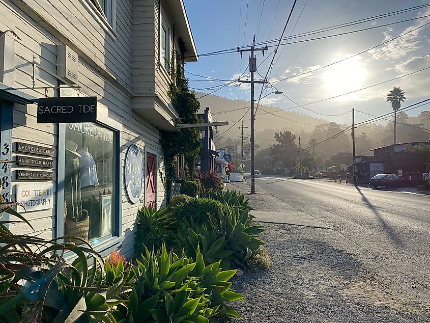 The shine shines over forest hills and down upon the shops of Stinson Beach, California