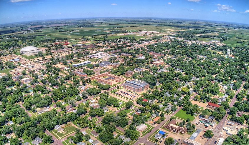 Aerial view of Vermillion, a small town in rural South Dakota