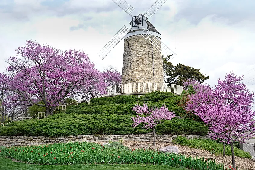 A windmill surrounded by beautiful foliage in Wamego, Kansas.