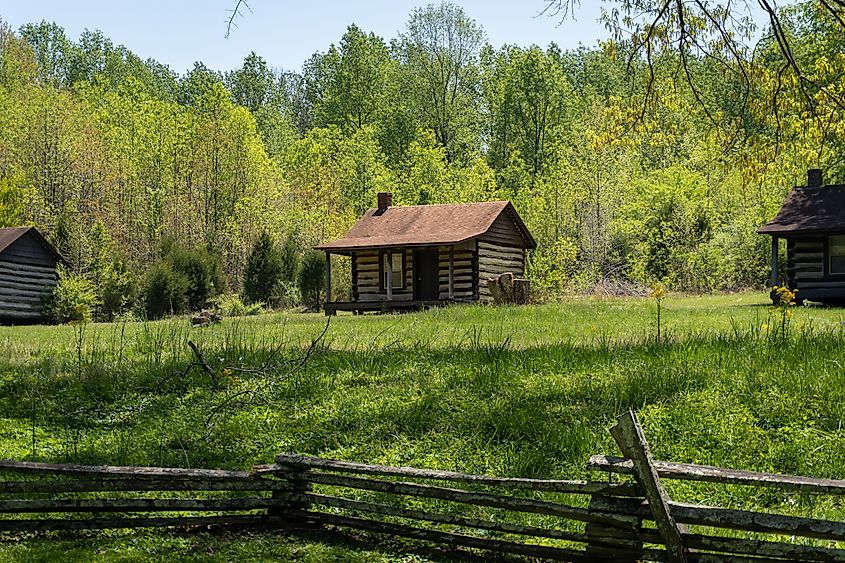 Log cabins at Nancy Lincoln Inn at Abraham Lincoln Birthplace National Historical Park in Hodgenville, Kentucky.