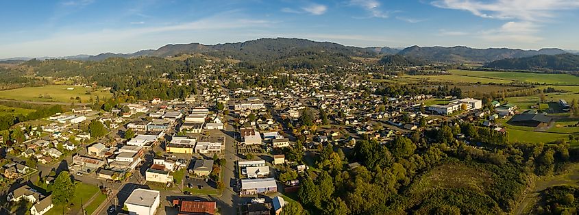 Aerial drone panorama of Myrtle Point, Oregon.