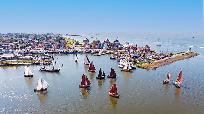 Aerial from traditional wooden ships in the harbor from Stavoren in Friesland the Netherlands.