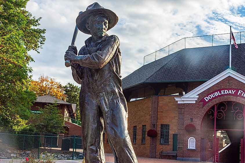 The Sandlot sculpture in front of Doubleday Field, Cooperstown, New York.