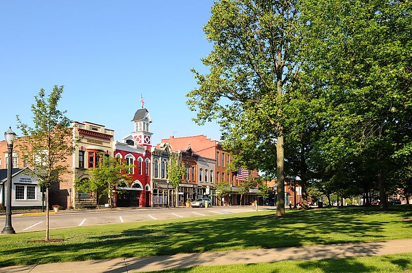 East Washington Street in Medina, Ohio, featuring a historic town hall and firehouse (bright red building) over 130 years old.