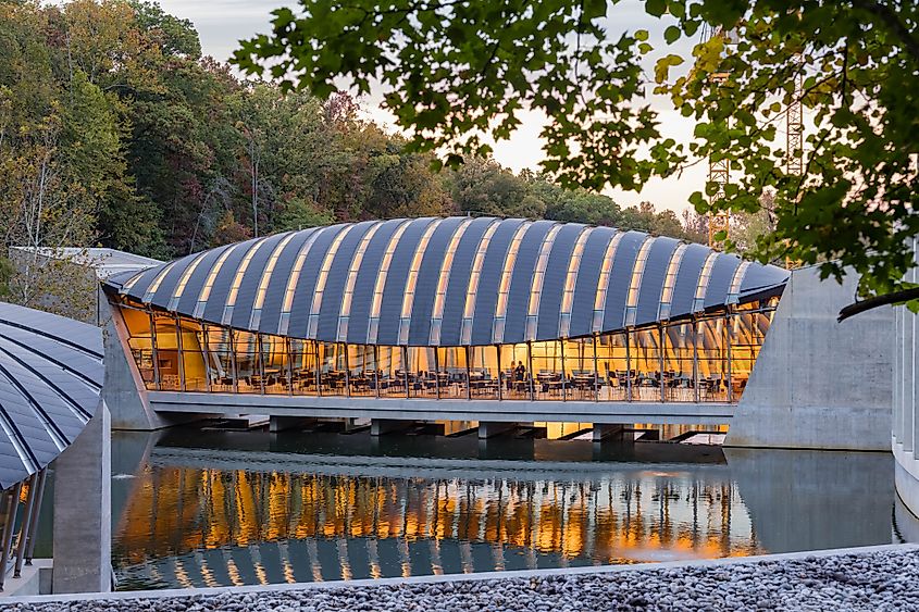 Twilight view of the Crystal Bridges Museum of American Art in Bentonville, Arkansas