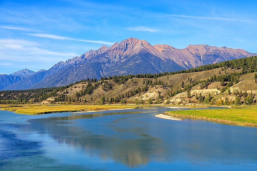 Landscape view of The Steeples in the Canadian Rockies with the Bull River in the East Kootenay near Cranbrook, British Columbia, Canada.