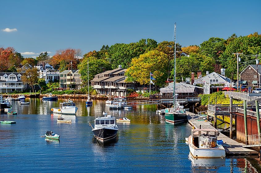 Fishing boats docked in Perkins Cove, Ogunquit, on the coast of Maine, south of Portland, USA.