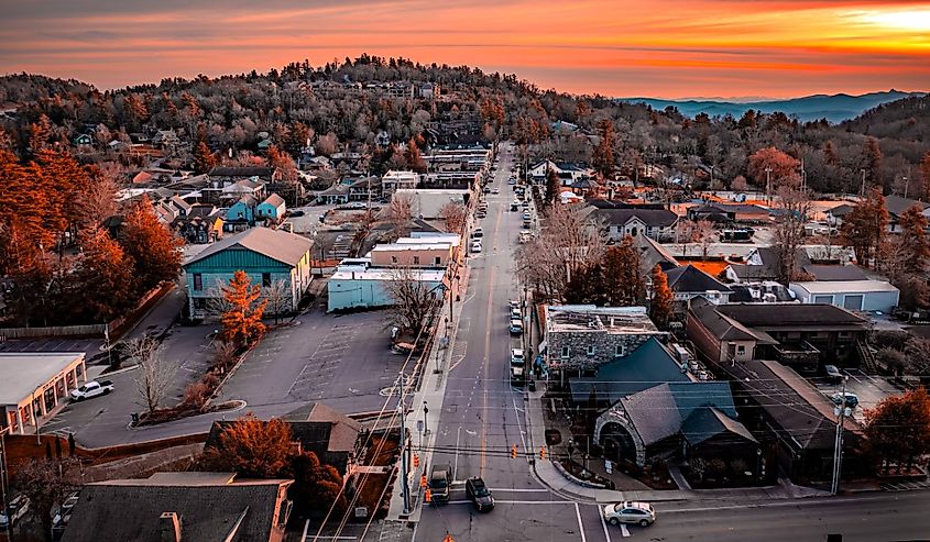 Aerial view of sunset down Main Ave in Blowing Rock North Carolina 