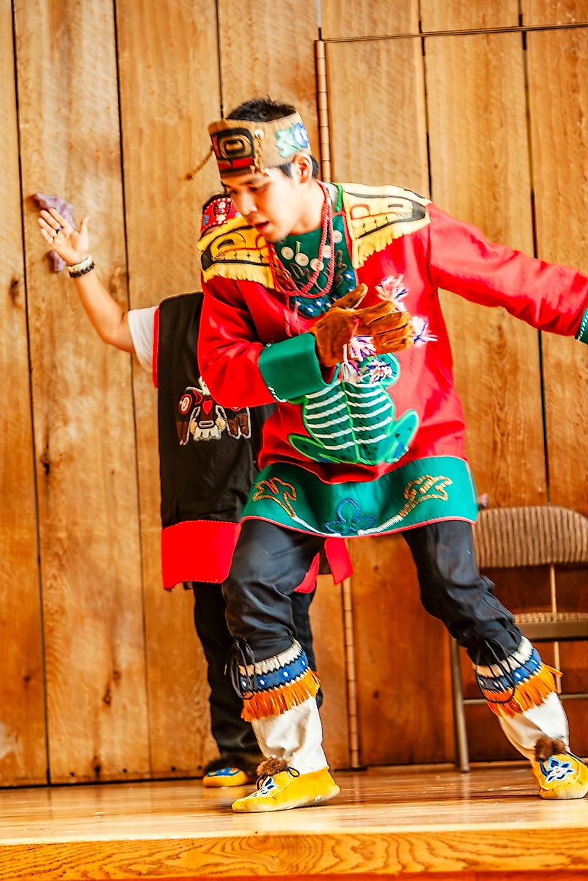 Editorial Photo Credit: Al Ungar via Shutterstock. Anchorage, Alaska USA, August 25, 2011 Heritage Center's Gathering Place provides an opportunity to experience demonstrations of Alaska Native dancing, Native Games, and traditional storytelling.