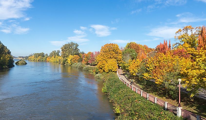 The Willamette River flows beside a bike path in Eugene, Oregon.