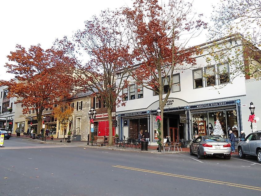 Shops lined along the main street in Bethlehem, Pennsylvania.