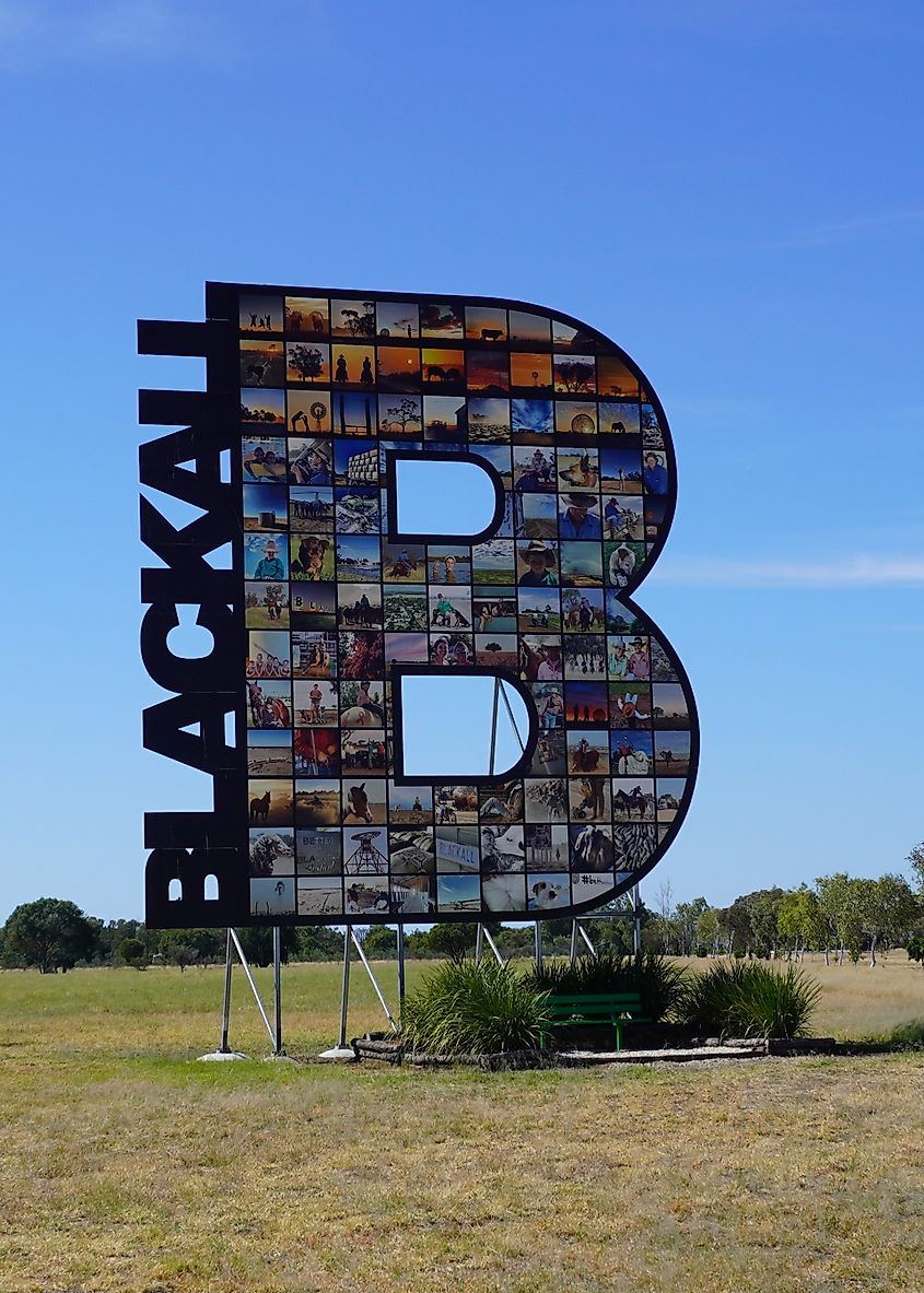 A colourful welcome sign at the entrance to Blackall, Queensland.