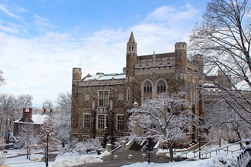 Winter scene at Lehigh University campus in Bethlehem, Pennsylvania