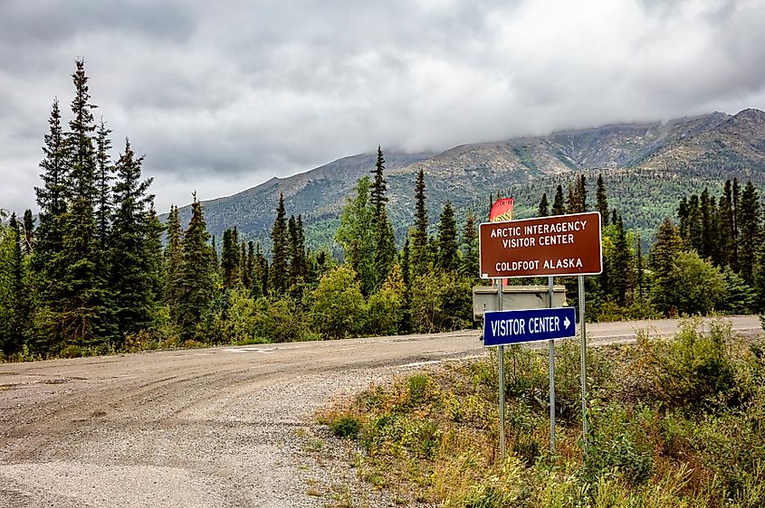 Arctic Interagency Visitor Center sign in Coldfoot along the Dalton Highway in Alaska